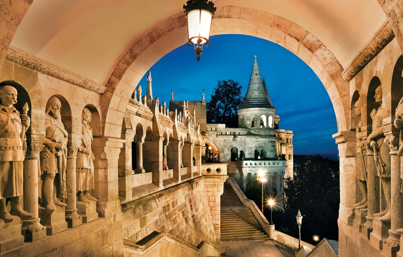 Photo wallpaper the city, castle, the evening, sculpture, Budapest, Fisherman's Bastion