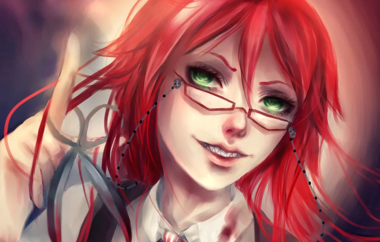 Photo wallpaper look, smile, blood, glasses, guy, art, scissors, dark Butler