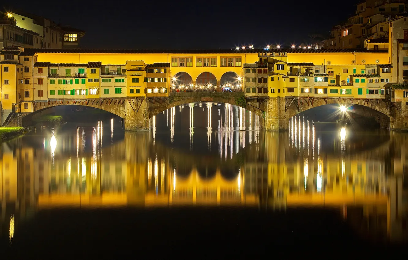 Photo wallpaper night, bridge, lights, river, Italy, Florence, The Ponte Vecchio, Arno