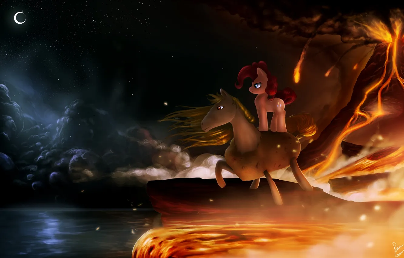 Photo wallpaper mountains, river, cartoon, pony