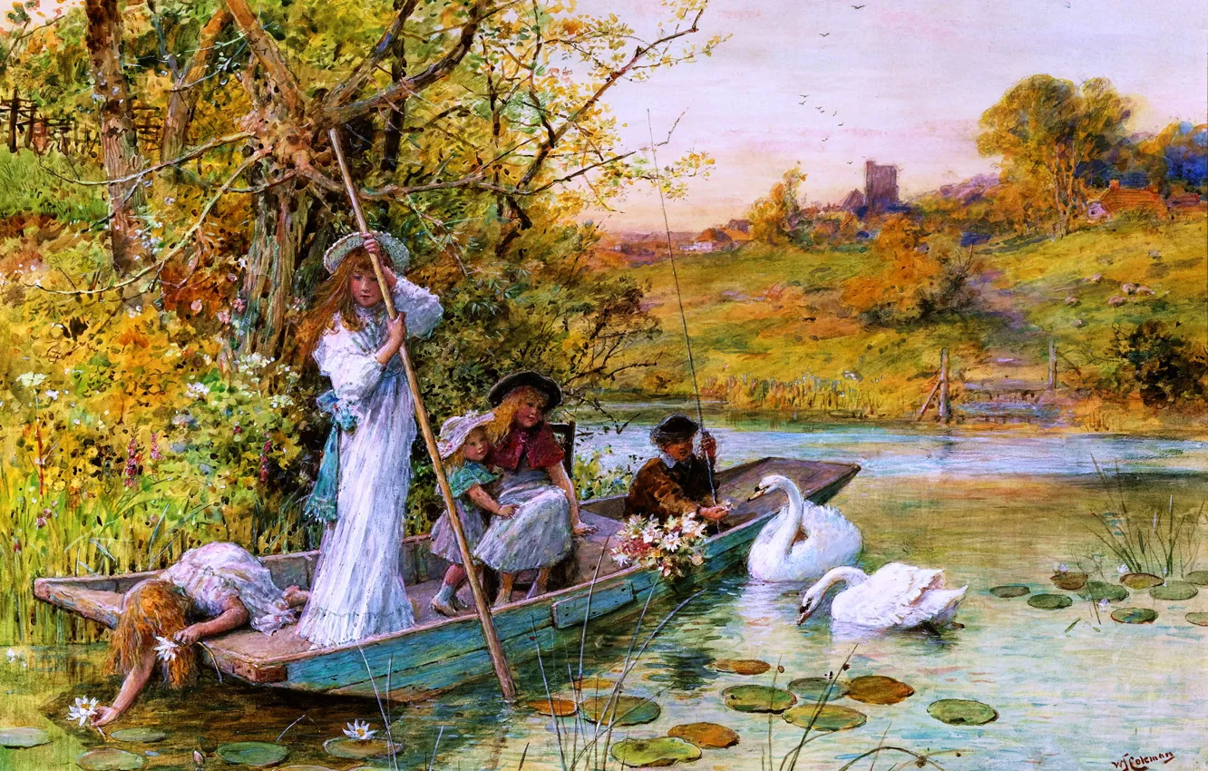 Photo wallpaper children, river, boat, swans