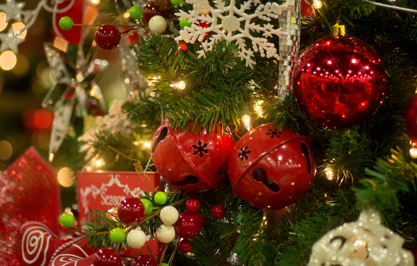 Photo wallpaper balls, tree, decoration, snowflake