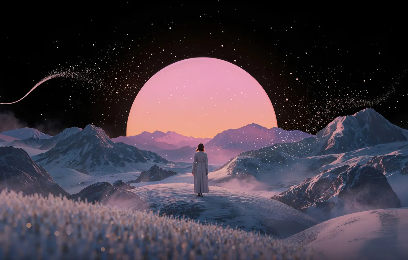 Photo wallpaper space, girl, moon, stars, way, digital art