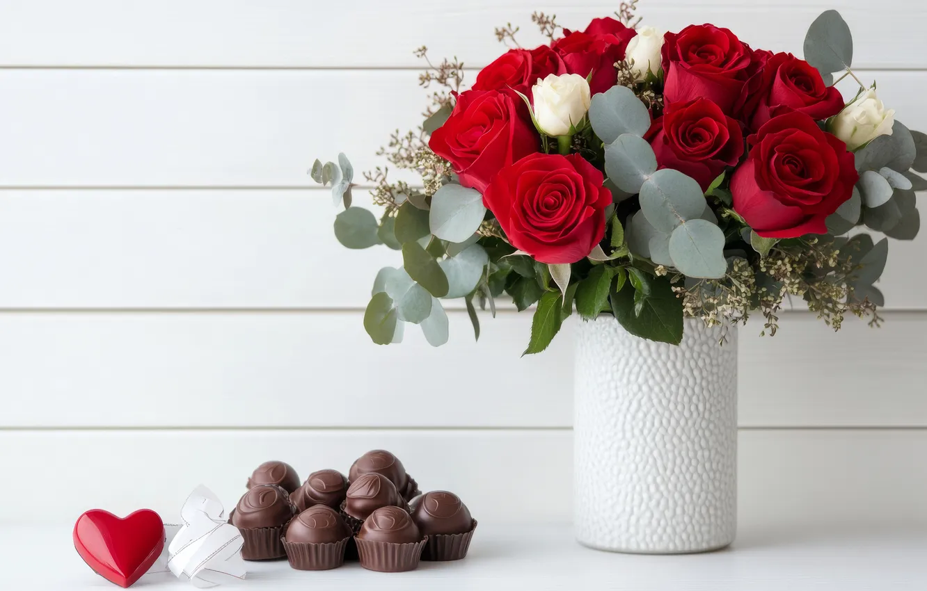 Photo wallpaper flowers, red, birthday, roses, bouquet, hearts, white background, vase
