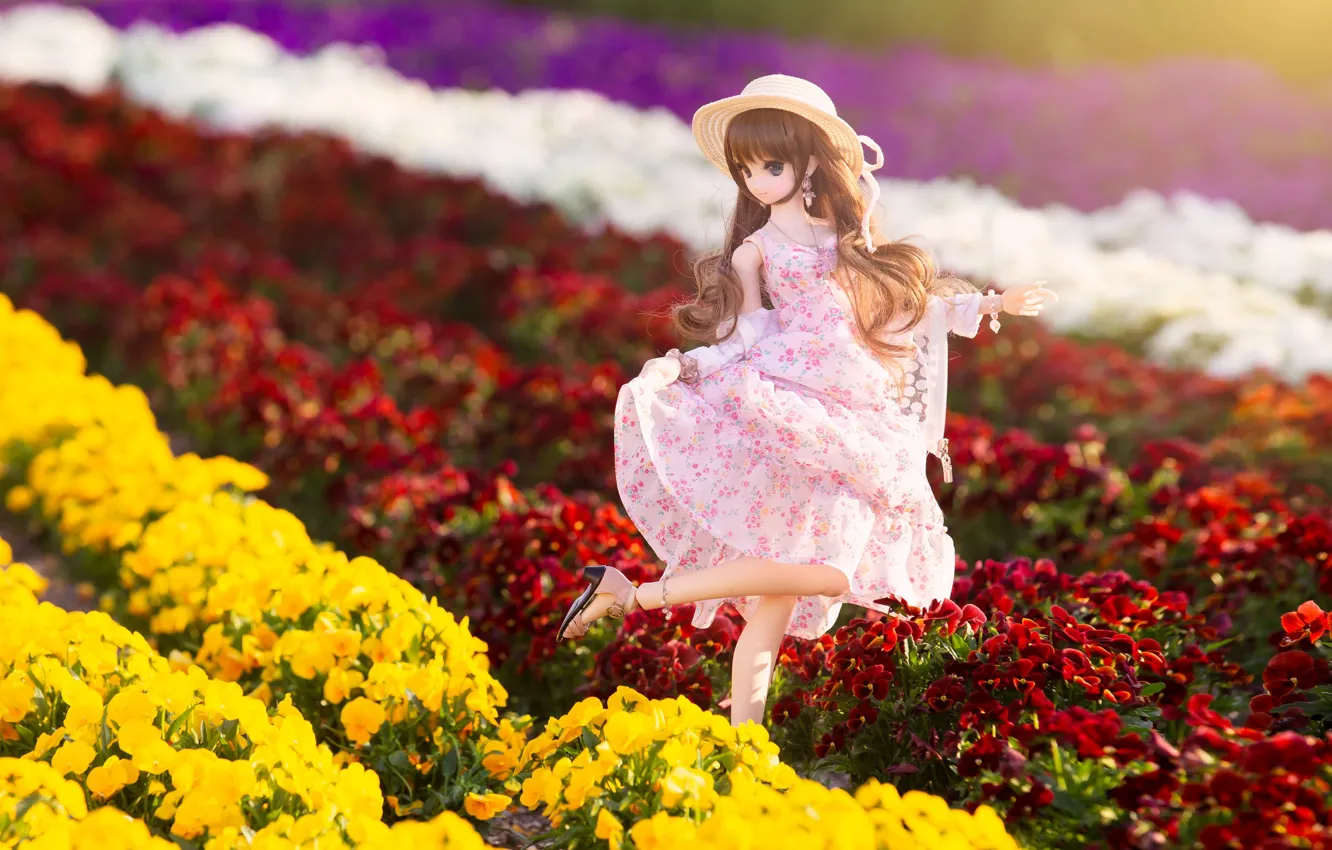 Photo wallpaper flowers, doll, dress, hat