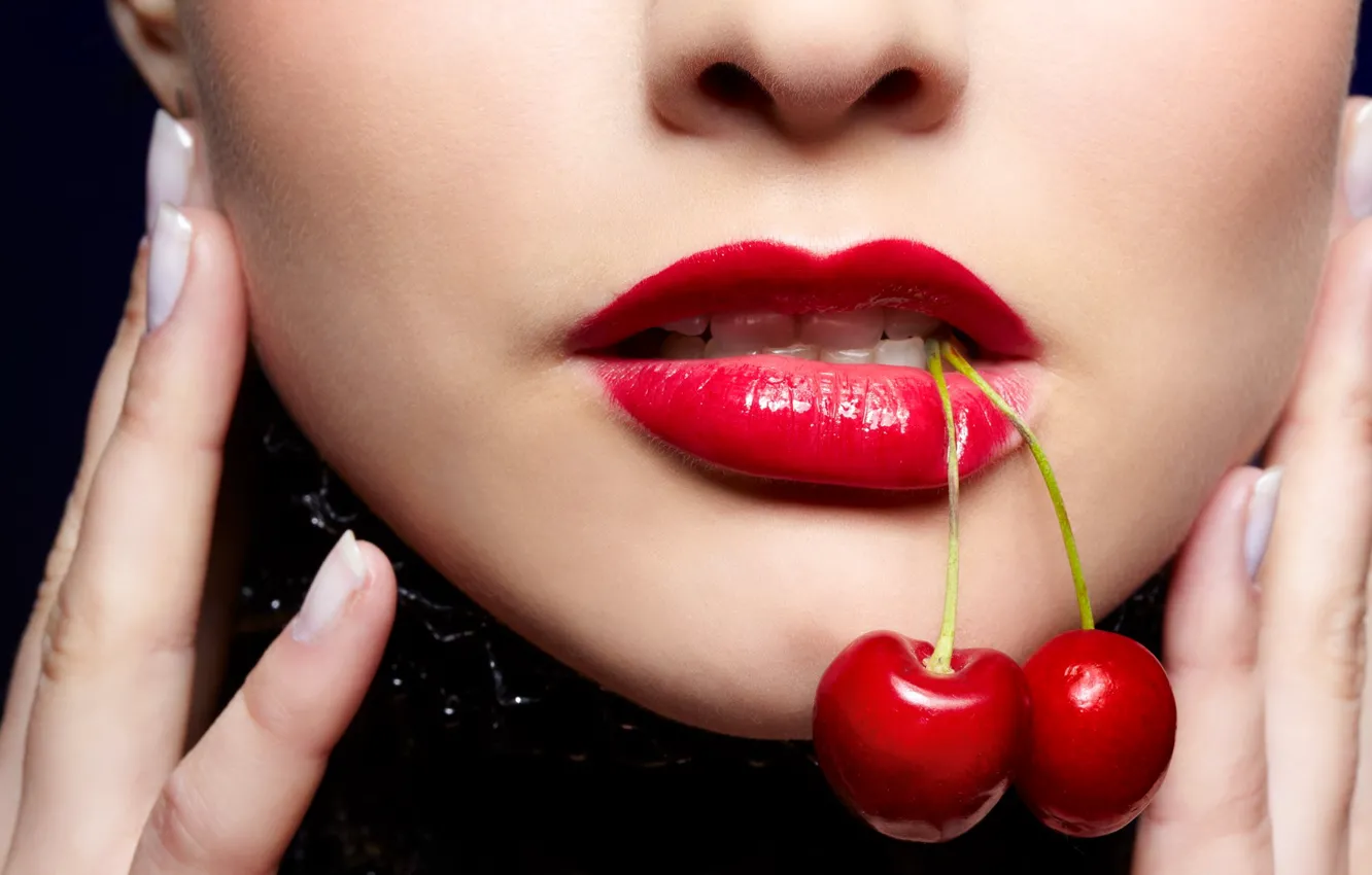Photo wallpaper face, cherry, berries, lipstick, lips