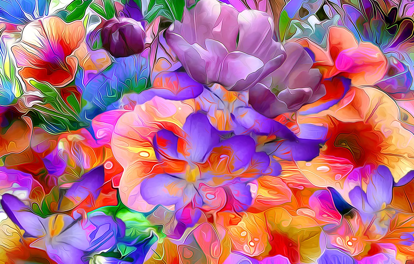 Photo wallpaper line, flowers, rendering, paint, petals