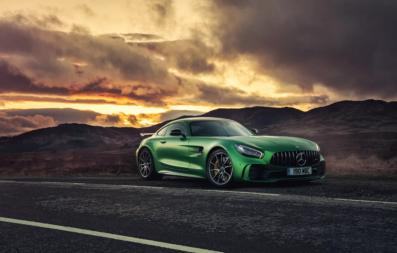 Photo wallpaper car, green, sky, cloud, technology, kumo, Mercedes AMG GT R