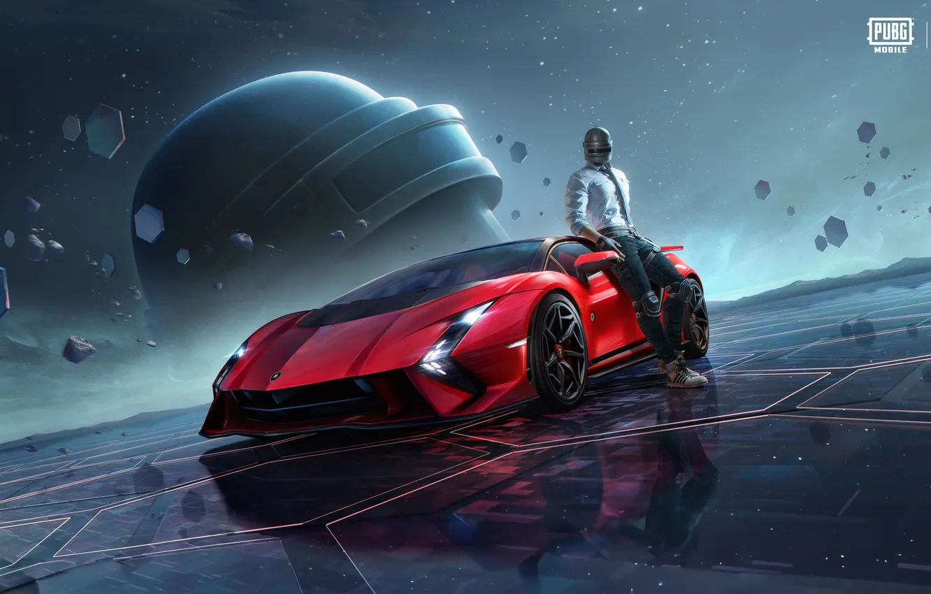 Photo wallpaper Games, PUBG MOBILE, Lamborghini Invencible, Red cars, 2024 Games, Level 3 helmet