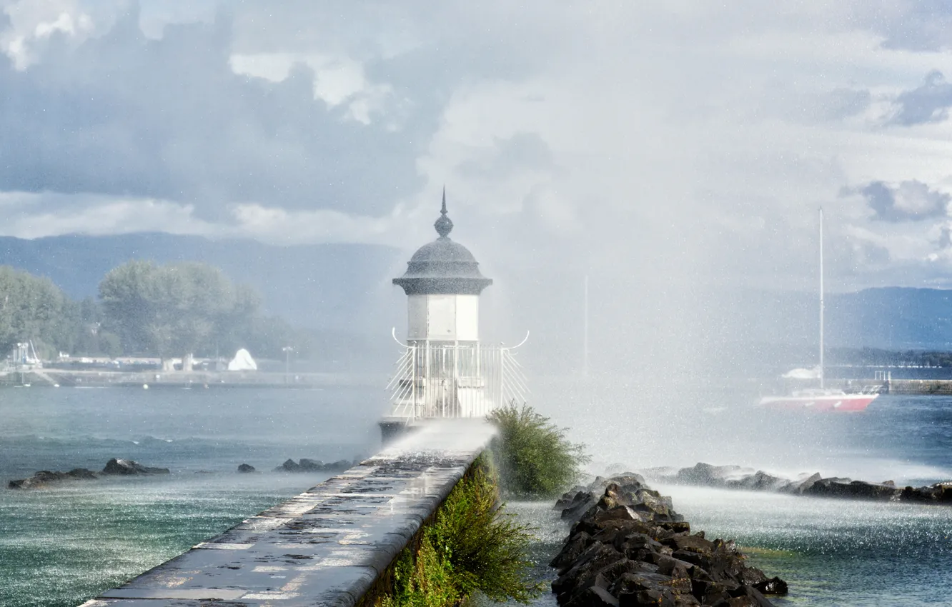 Photo wallpaper squirt, lake, rain, lighthouse, Switzerland, Lake Geneva