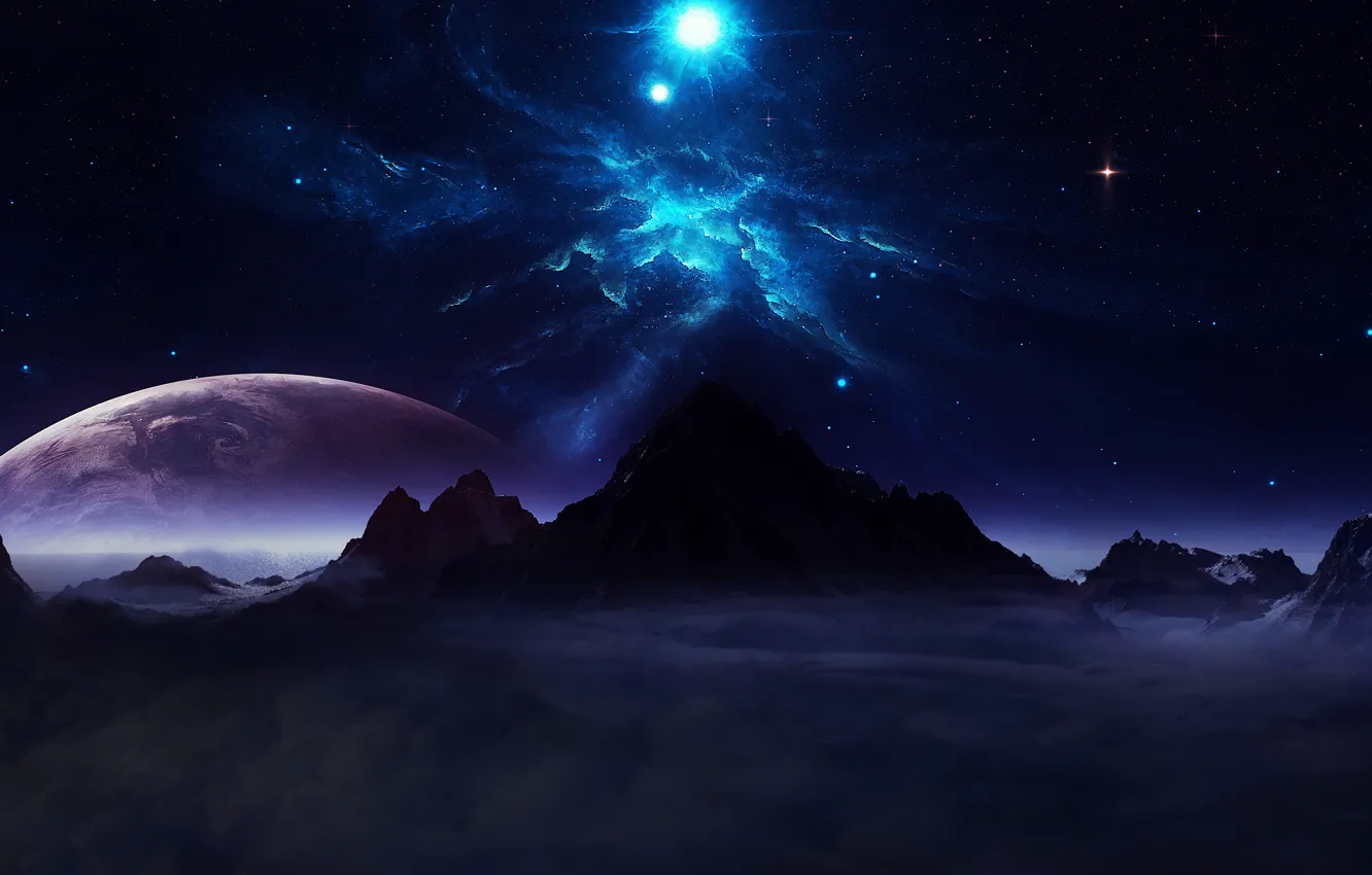 Photo wallpaper universe, sky, digital, landscape, mountains, clouds, stars, planets