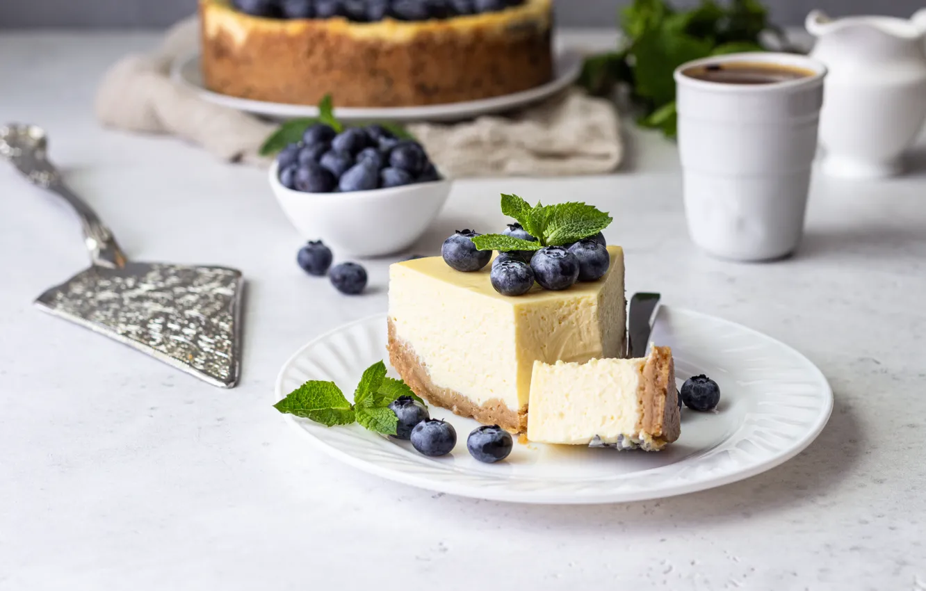 Photo wallpaper berries, blueberries, cake, cream, cheese, a piece of cake, cheesecake, Valentina Maslova