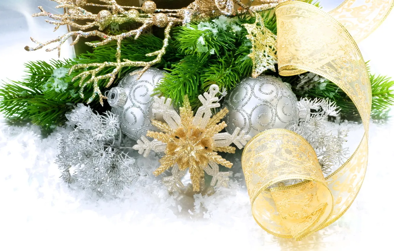 Photo wallpaper balls, decoration, snowflakes, branches, tree, tape