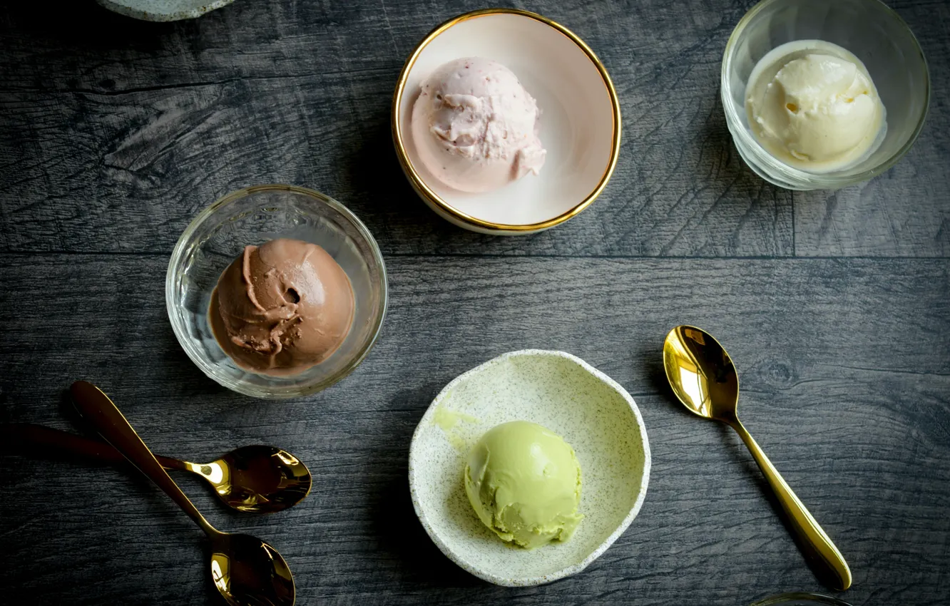 Photo wallpaper ice cream, wood, coffee, vanilla, pistachio