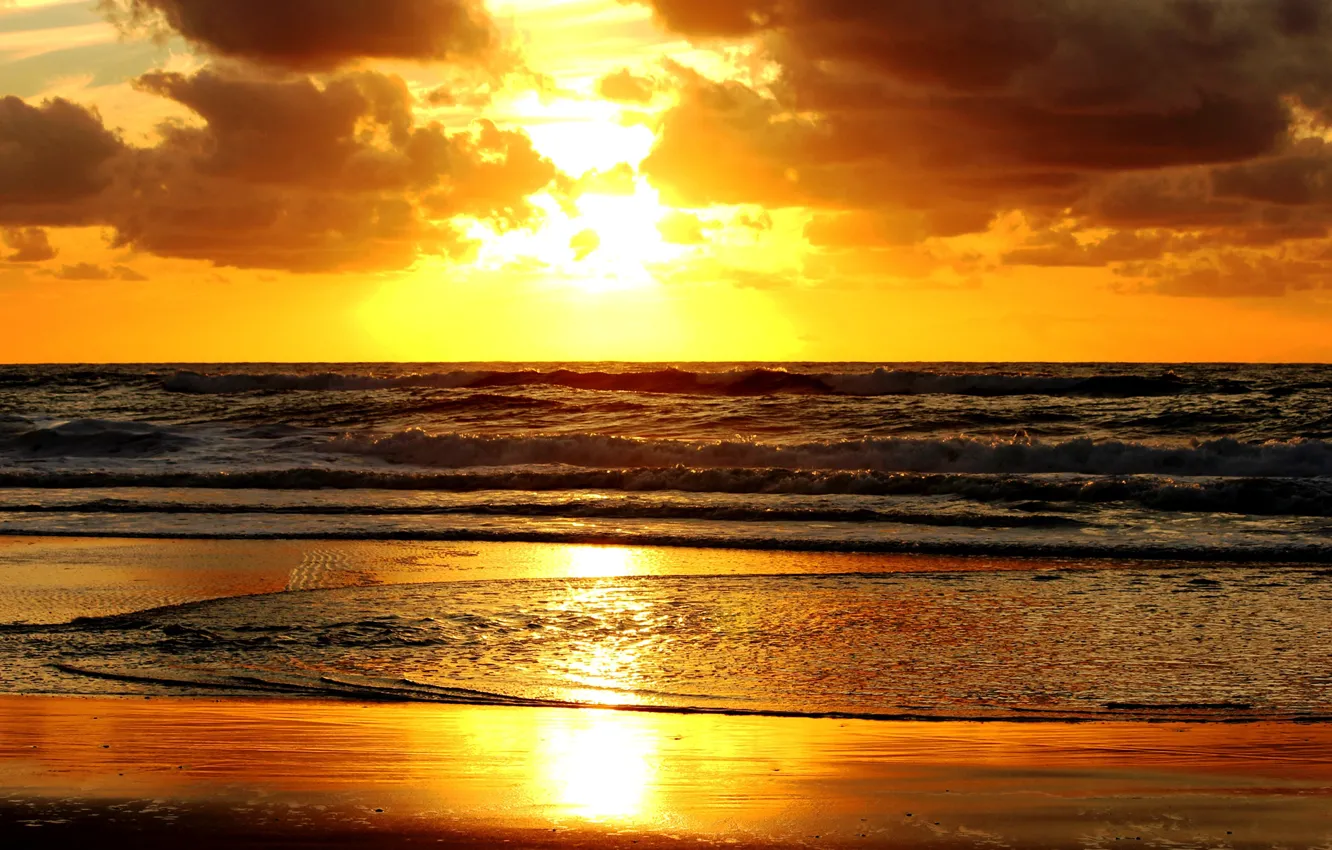 Photo wallpaper sand, sea, wave, water, the sun, clouds, sunset, shore