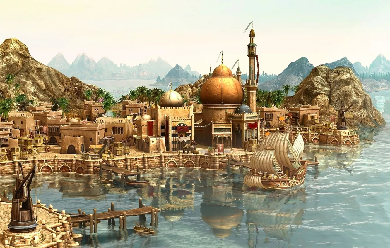 Photo wallpaper city, the city, ship, port, journey, Anno 1404, arrival, game wallpapers