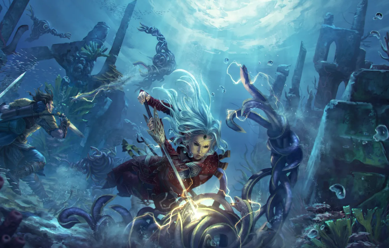 Photo wallpaper magic, battle, fantasy, art, underwater city