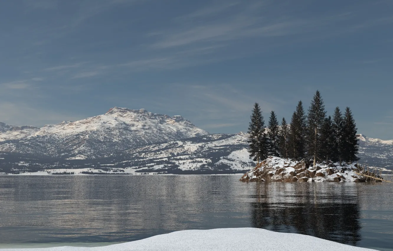 Photo wallpaper snow, trees, mountains, lake, reflection, island, spruce, ruffle