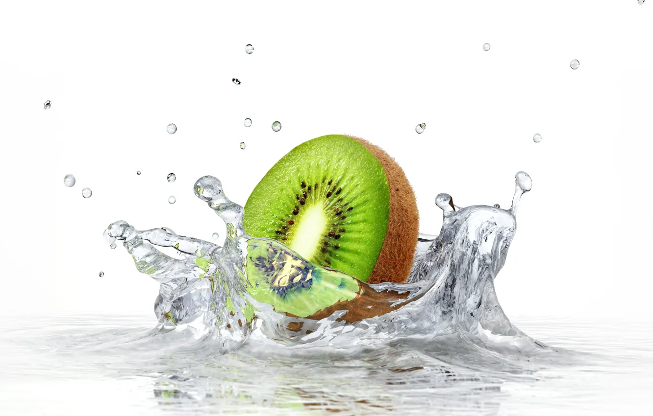 Photo wallpaper water, squirt, kiwi, white background, water, kiwi, white background, sprays
