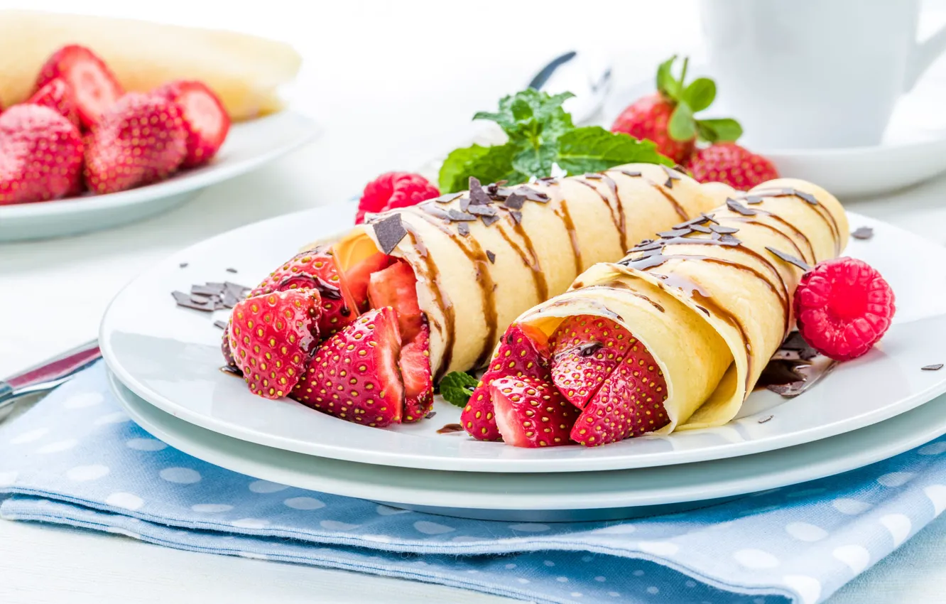 Photo wallpaper berries, raspberry, table, tea, strawberry, plate, Cup, pancakes