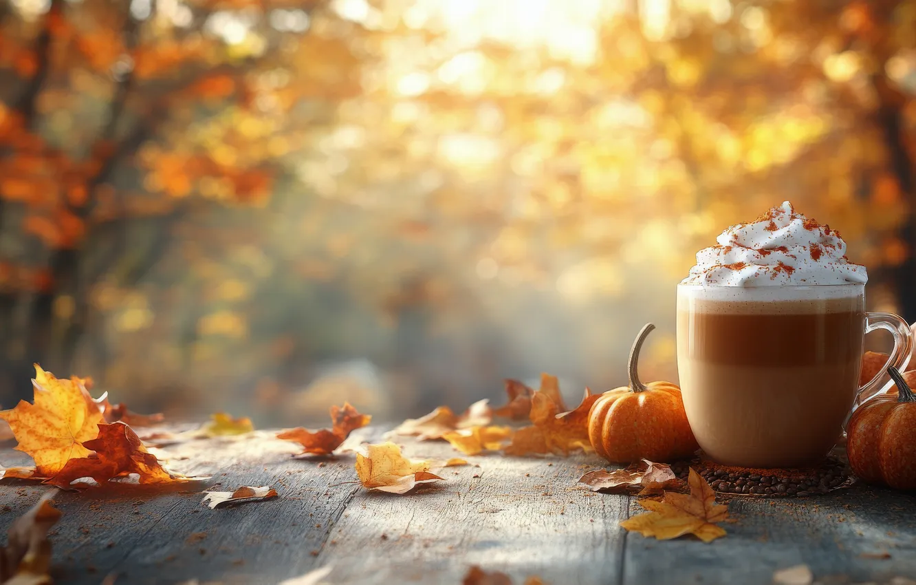 Photo wallpaper autumn, light, trees, nature, Park, foliage, Board, coffee