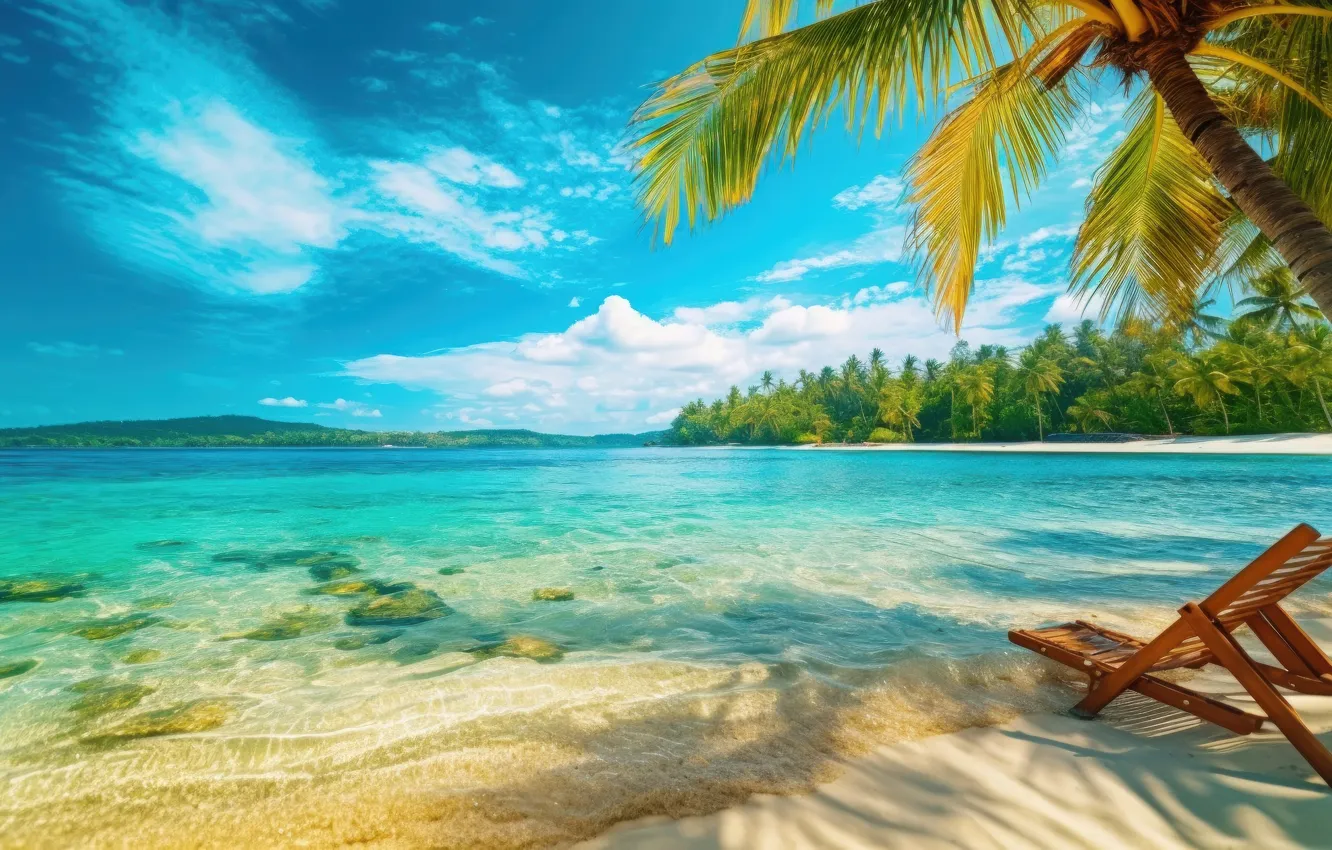 Photo wallpaper sand, sea, wave, beach, summer, clouds, tropics, blue