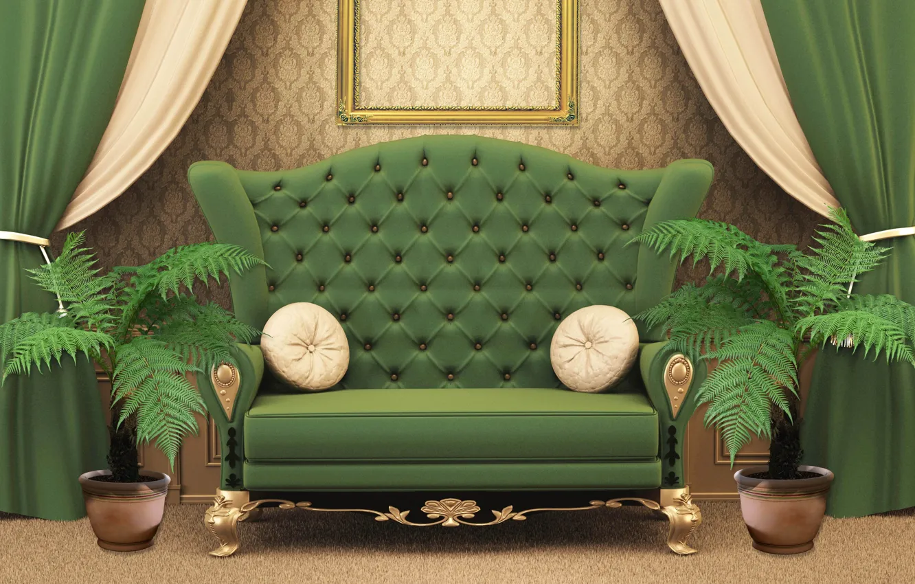 Photo wallpaper flowers, design, green, style, room, sofa, interior, pillow