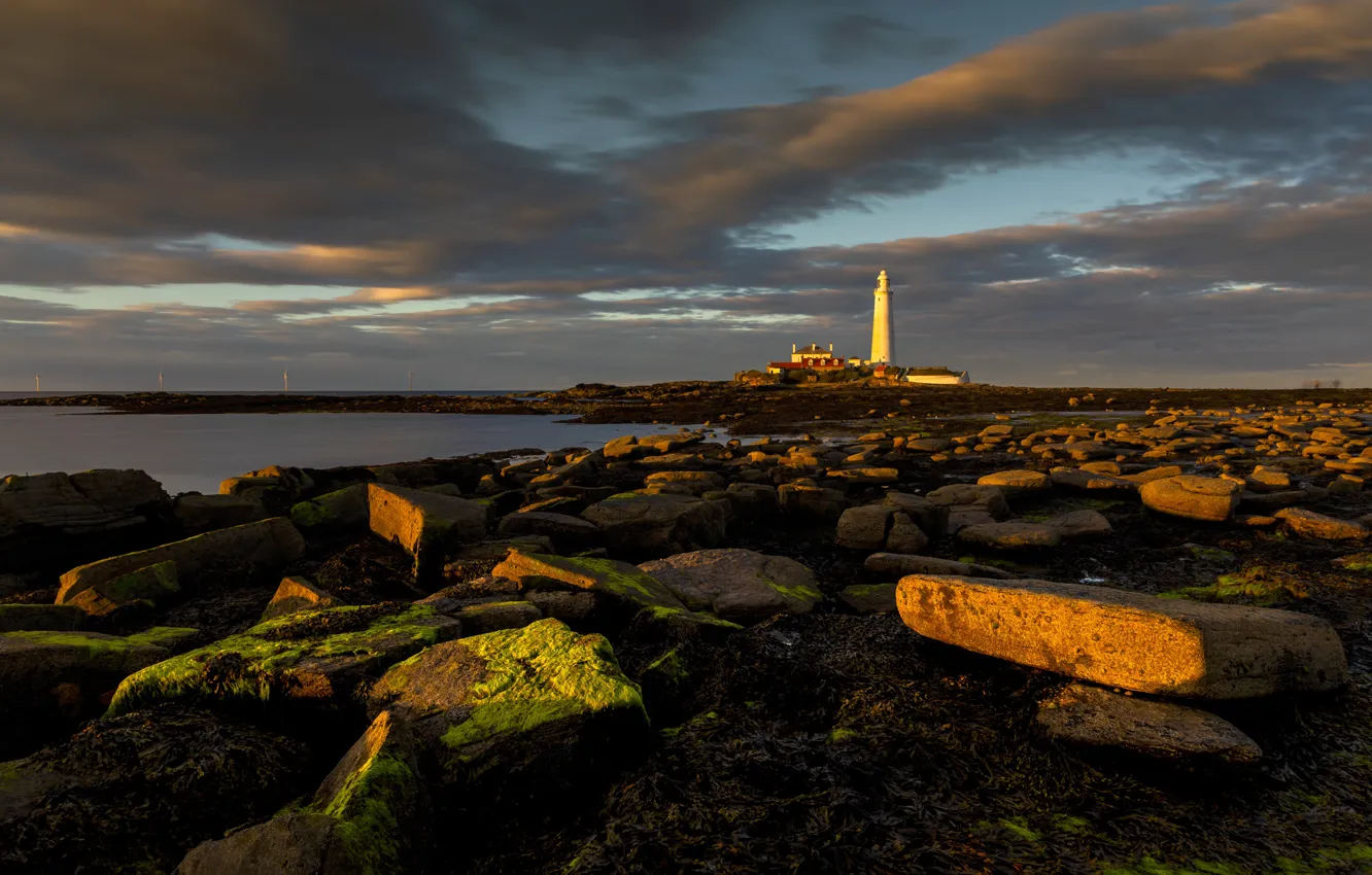 Photo wallpaper sea, sunset, stones, shore, lighthouse