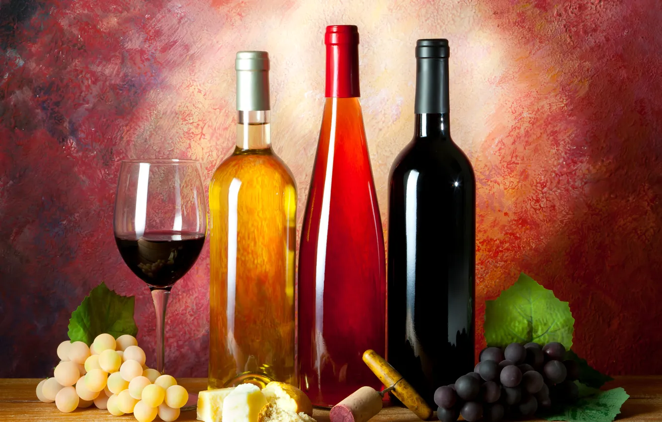 Photo wallpaper wine, glass, bottle, cheese, bread, grapes, tube, still life
