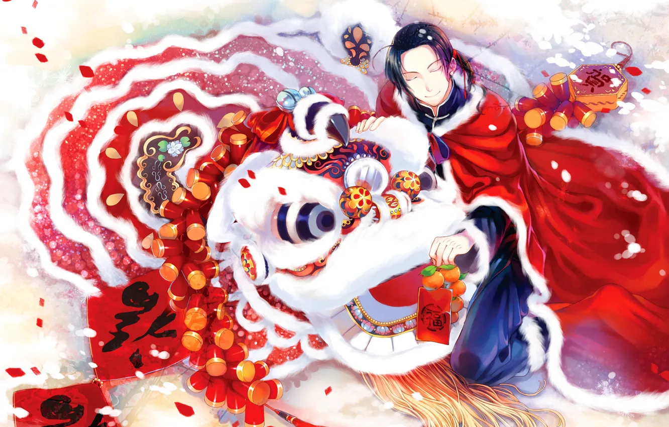 Photo wallpaper new year, gifts, male, new year, man, the red mantle, tangerines