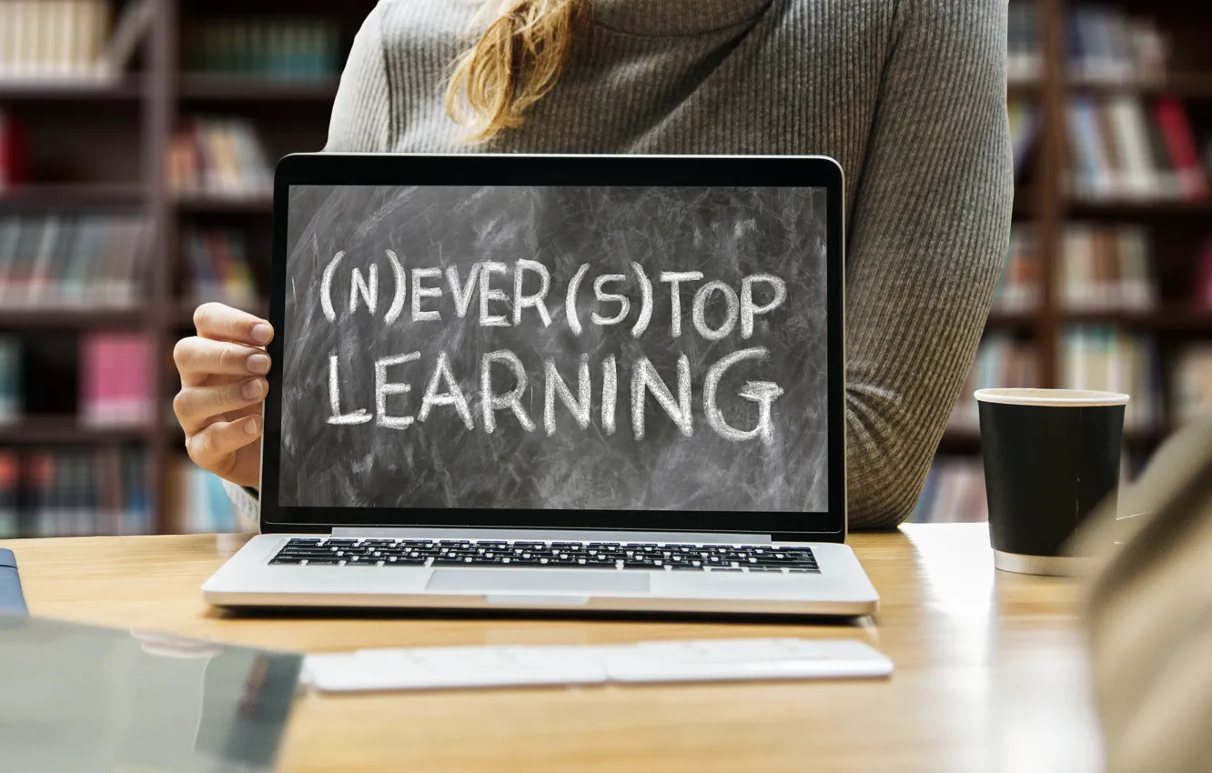 Photo wallpaper girl, glass, table, the inscription, study, book, laptop, library