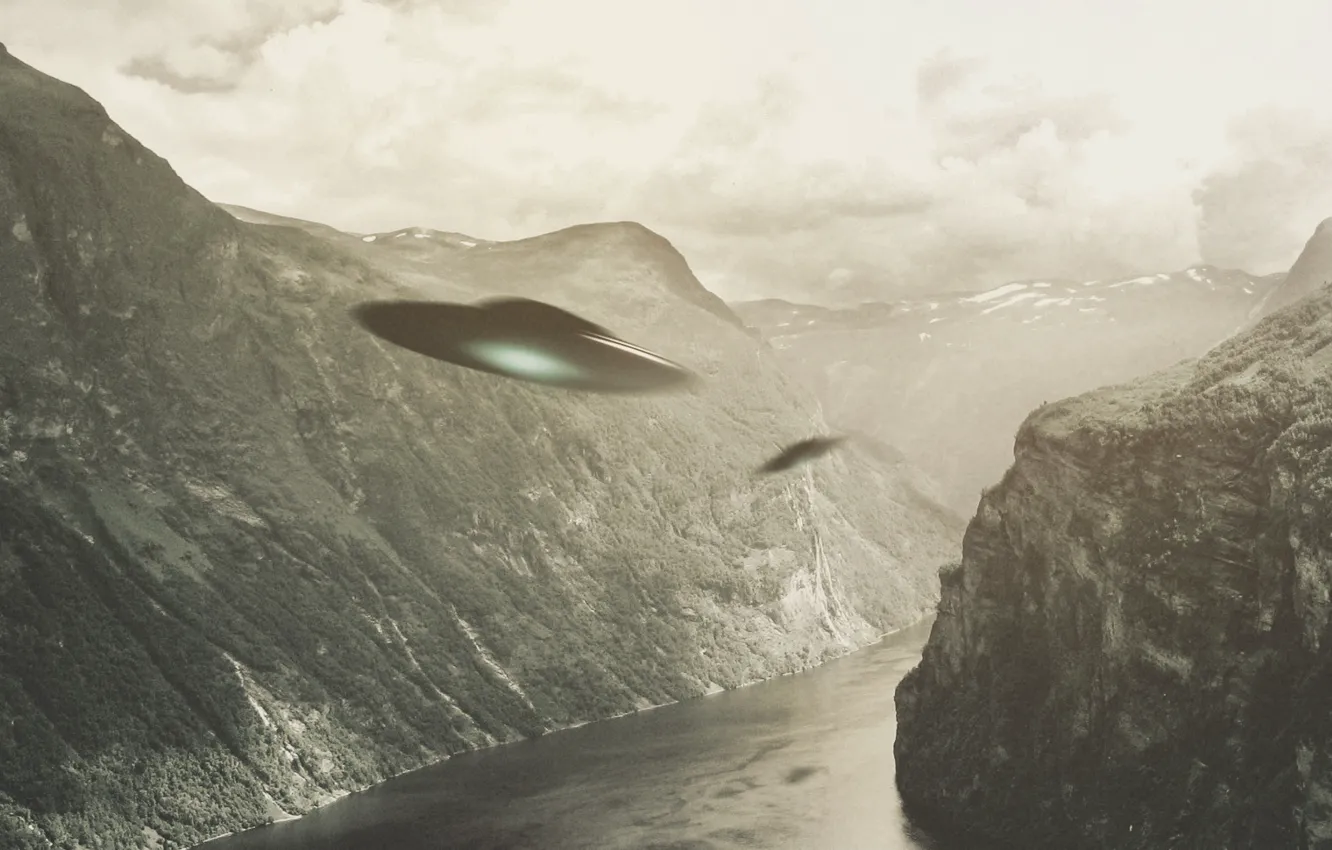 Photo wallpaper UFO, Wallpaper, Landscape, Art, Art, Alien, Flying saucer, Mystic