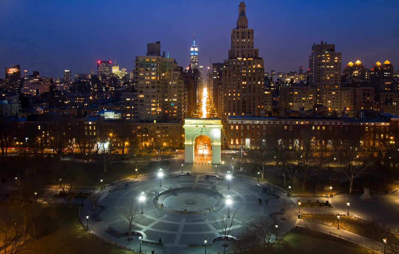 Photo wallpaper night, lights, Park, home, New York, arch, USA, Washington Square Park