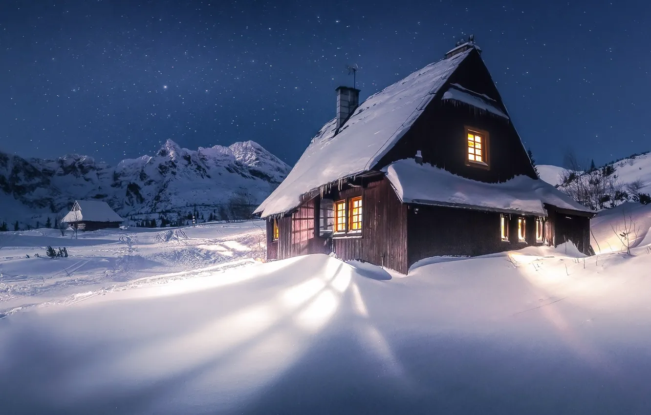 Photo wallpaper winter, stars, light, snow, landscape, mountains, night, nature