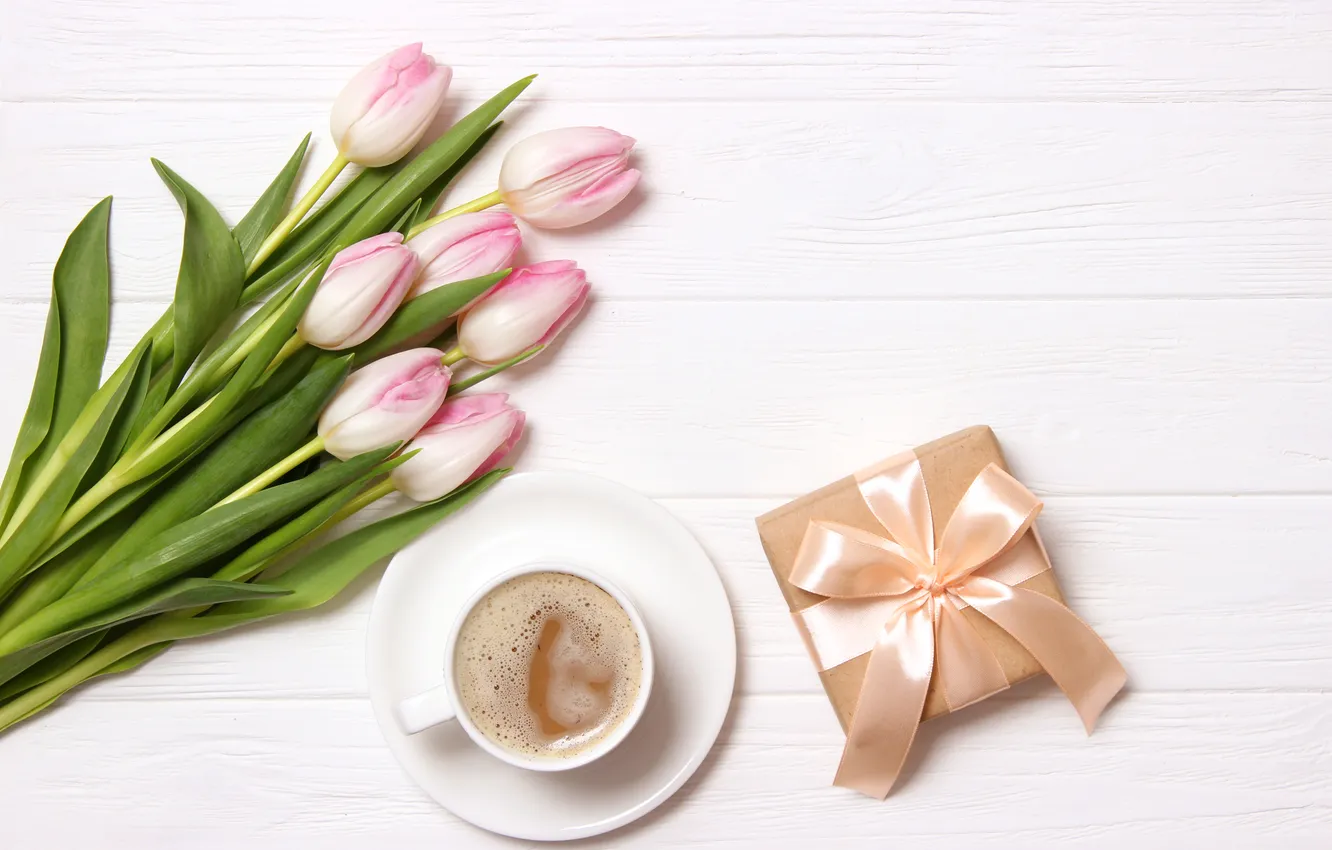 Photo wallpaper flowers, gift, bouquet, tulips, pink, wood, pink, flowers