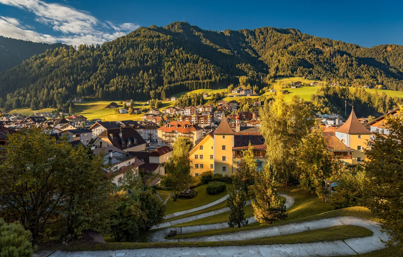 Photo wallpaper road, landscape, mountains, home, valley, Italy, forest, The Dolomites