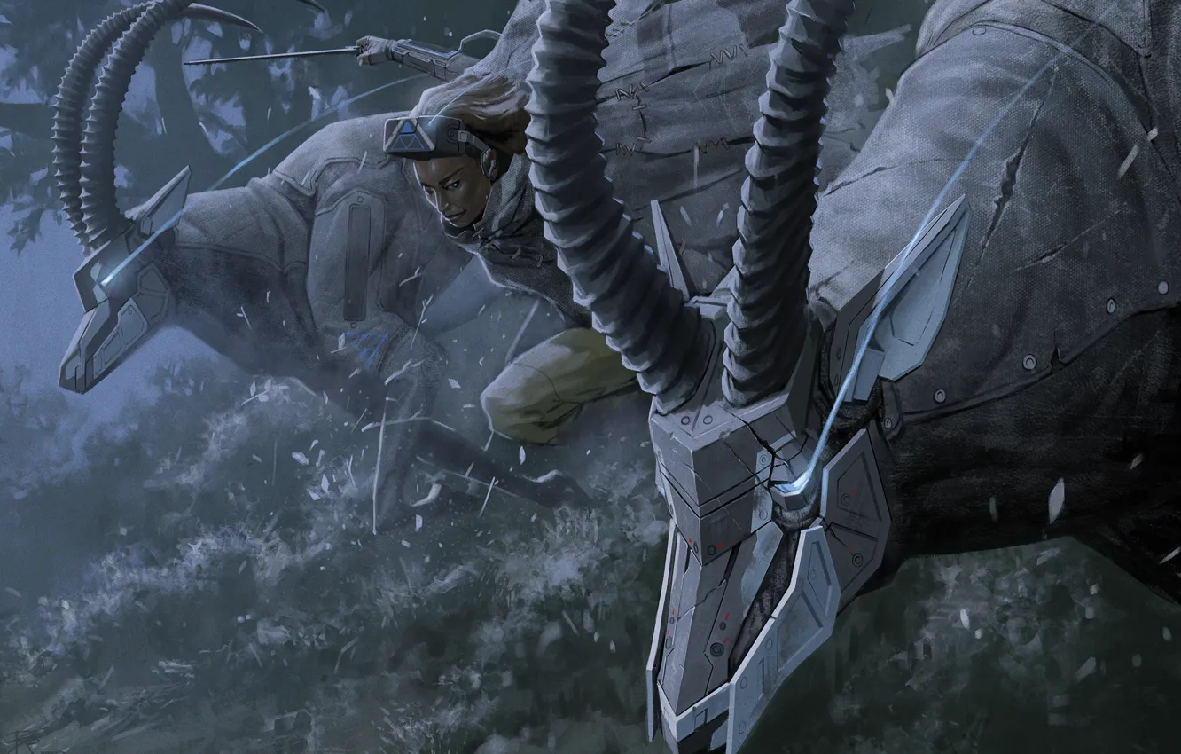 Photo wallpaper girl, robot, art, soldiers, horns, killer, mercenary, antelope
