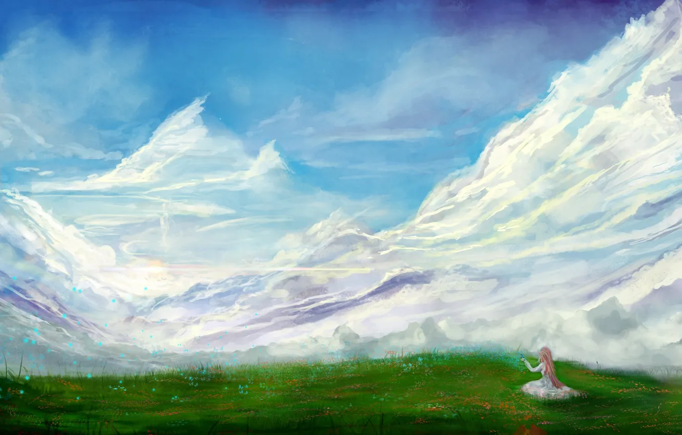 Photo wallpaper grass, clouds, mountains, nature, butterfly, art, sitting