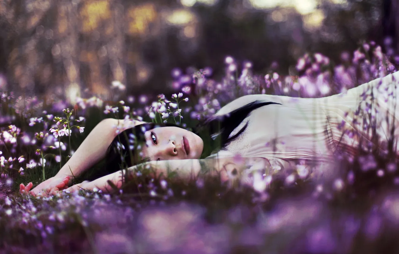Photo wallpaper girl, flowers, nature, mood