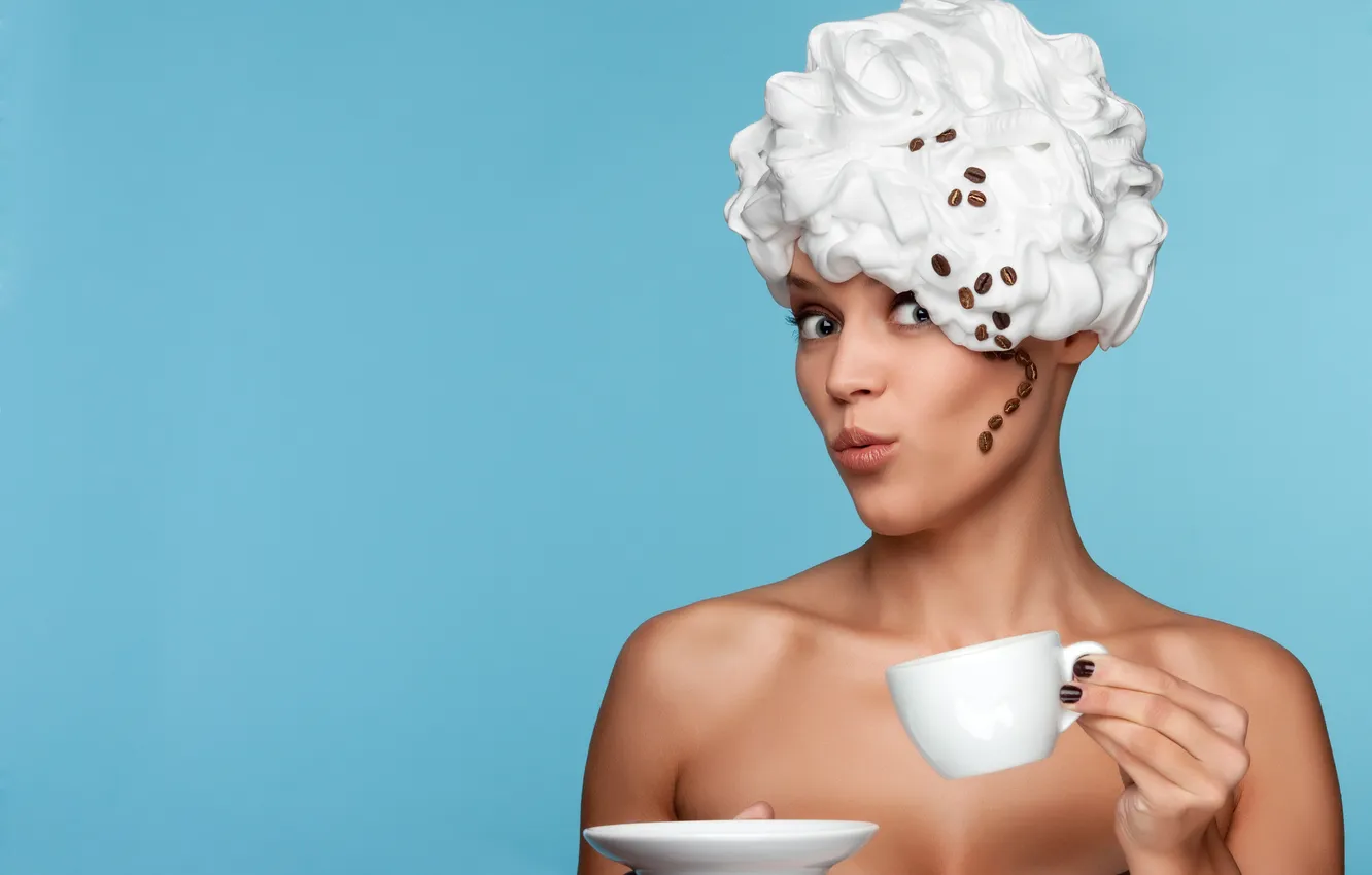 Photo wallpaper look, girl, creative, coffee, grain, cream, Cup, saucer