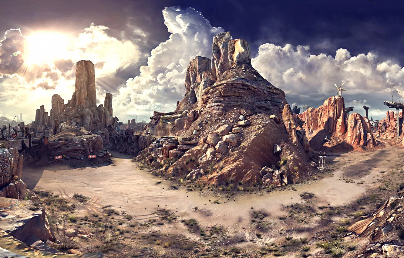 Photo wallpaper Clouds, Rage, Rocks, Apocalypse, Desert, Sun Sky, Free View