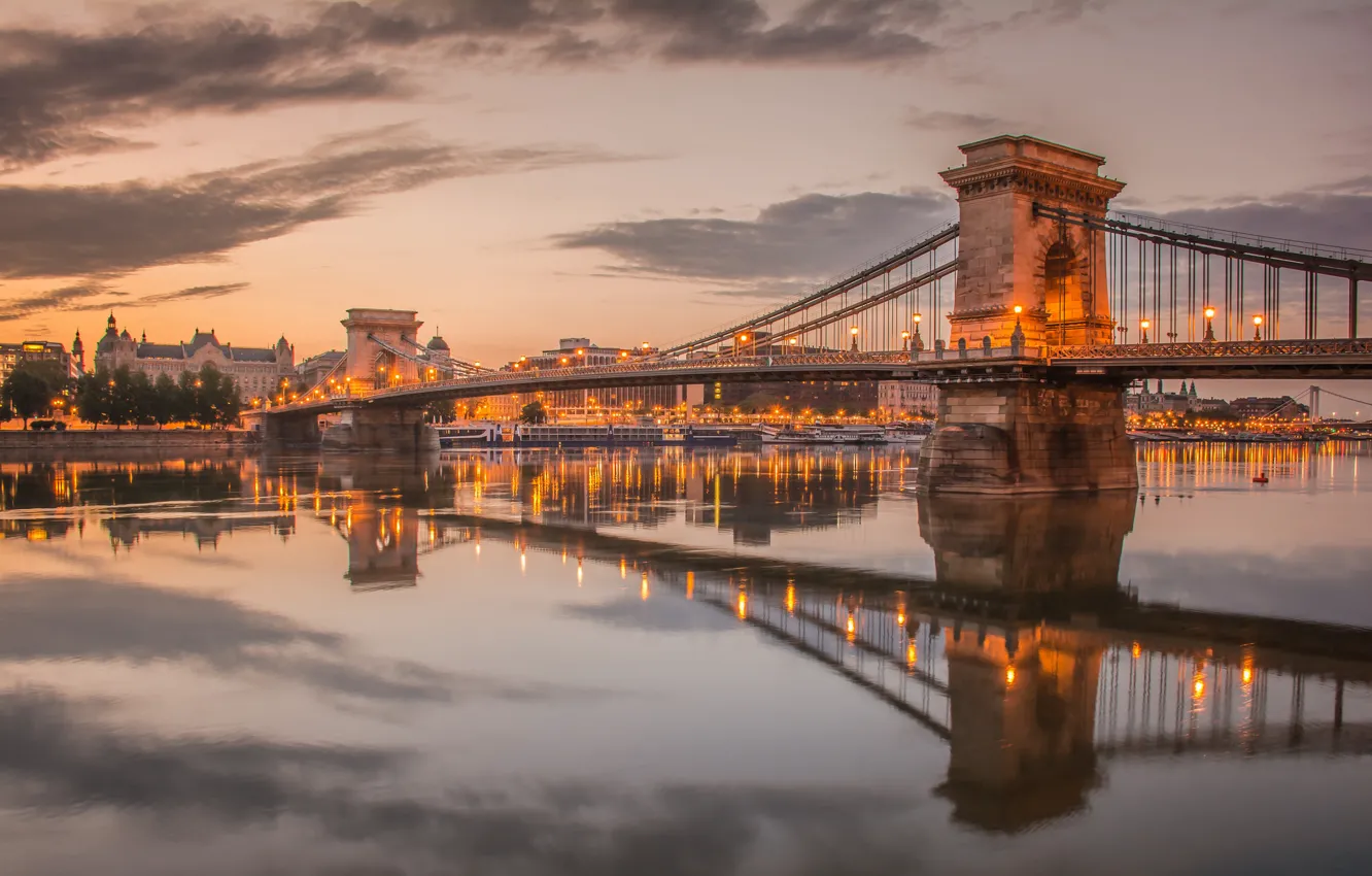 Photo wallpaper the sky, clouds, lights, river, the evening, support, Hungary, Budapest