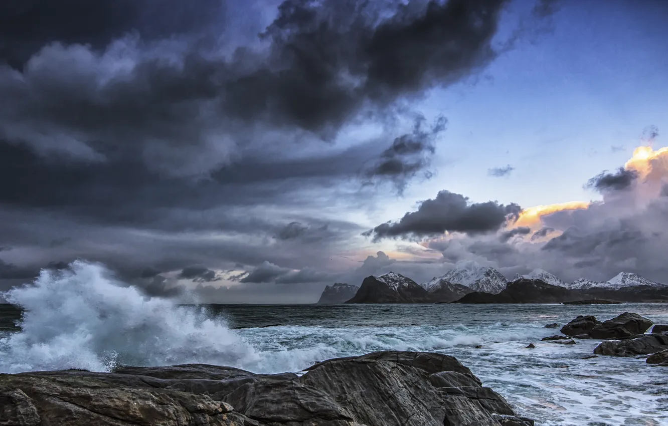 Photo wallpaper ocean, mountains, clouds, rocks