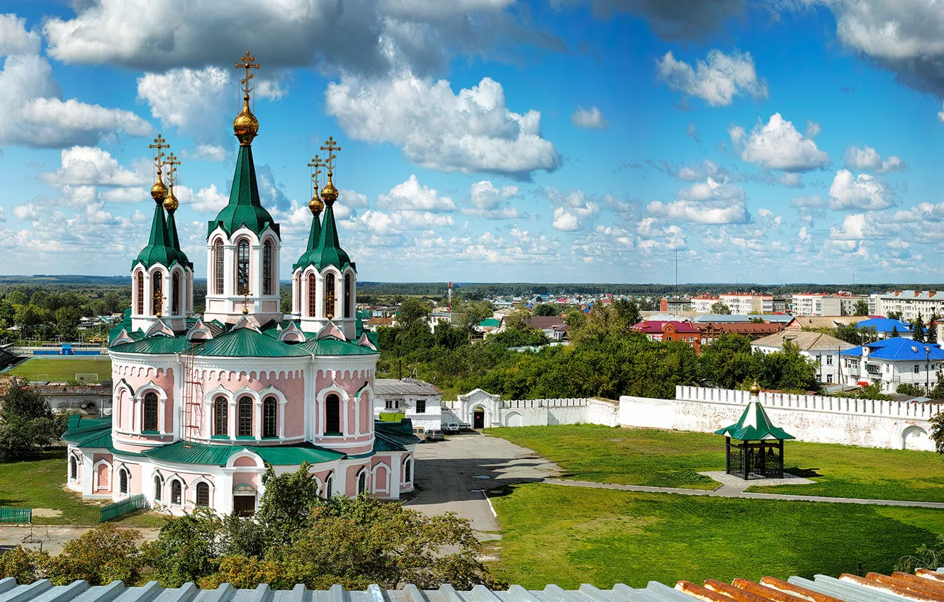 Photo wallpaper the sky, clouds, yard, Church, panorama, Russia, the monastery, Dalmatovsky assumption monastery