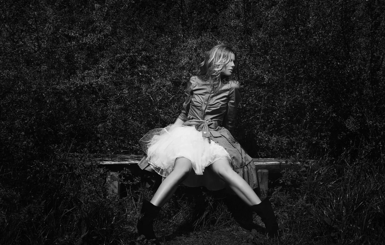 Photo wallpaper girl, bench, dress, sitting