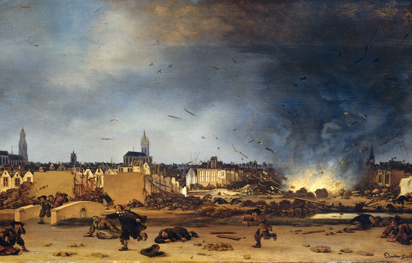 Photo wallpaper tree, oil, picture, Livens Egbert van der Pool, The explosion of the Powder Tower in …
