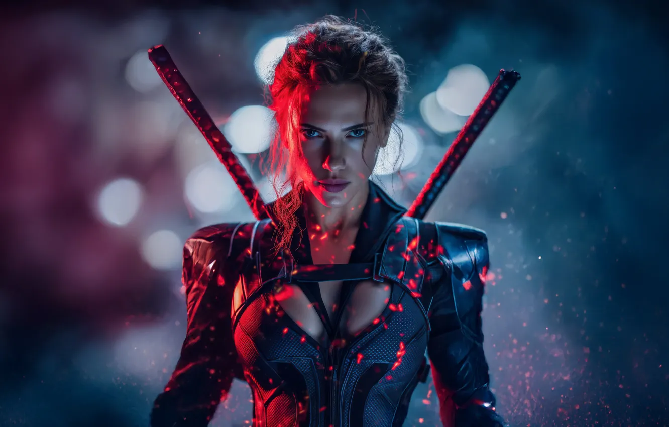 Photo wallpaper background, katana, Scarlett Johansson, art, blonde, costume, Scarlett Johansson, beauty