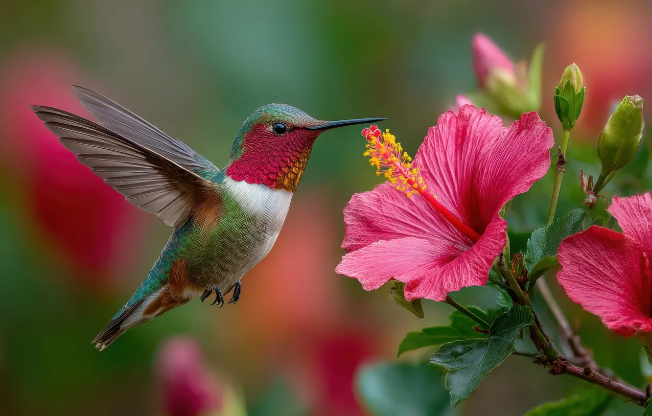 Photo wallpaper flight, flowers, bird, stem, Hummingbird, stamens, pink, green background