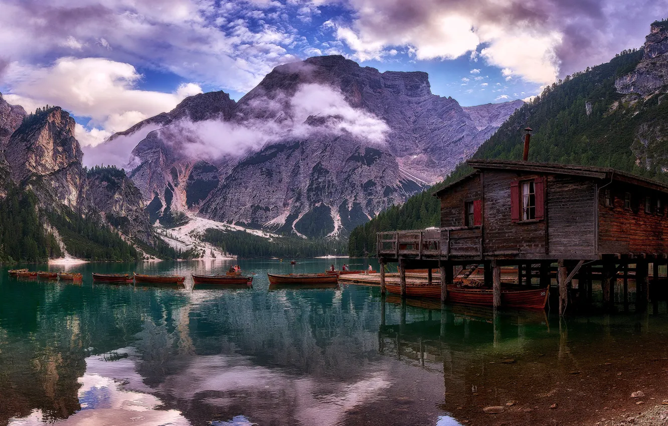 Photo wallpaper forest, water, clouds, mountains, nature, lake, reflection, boats