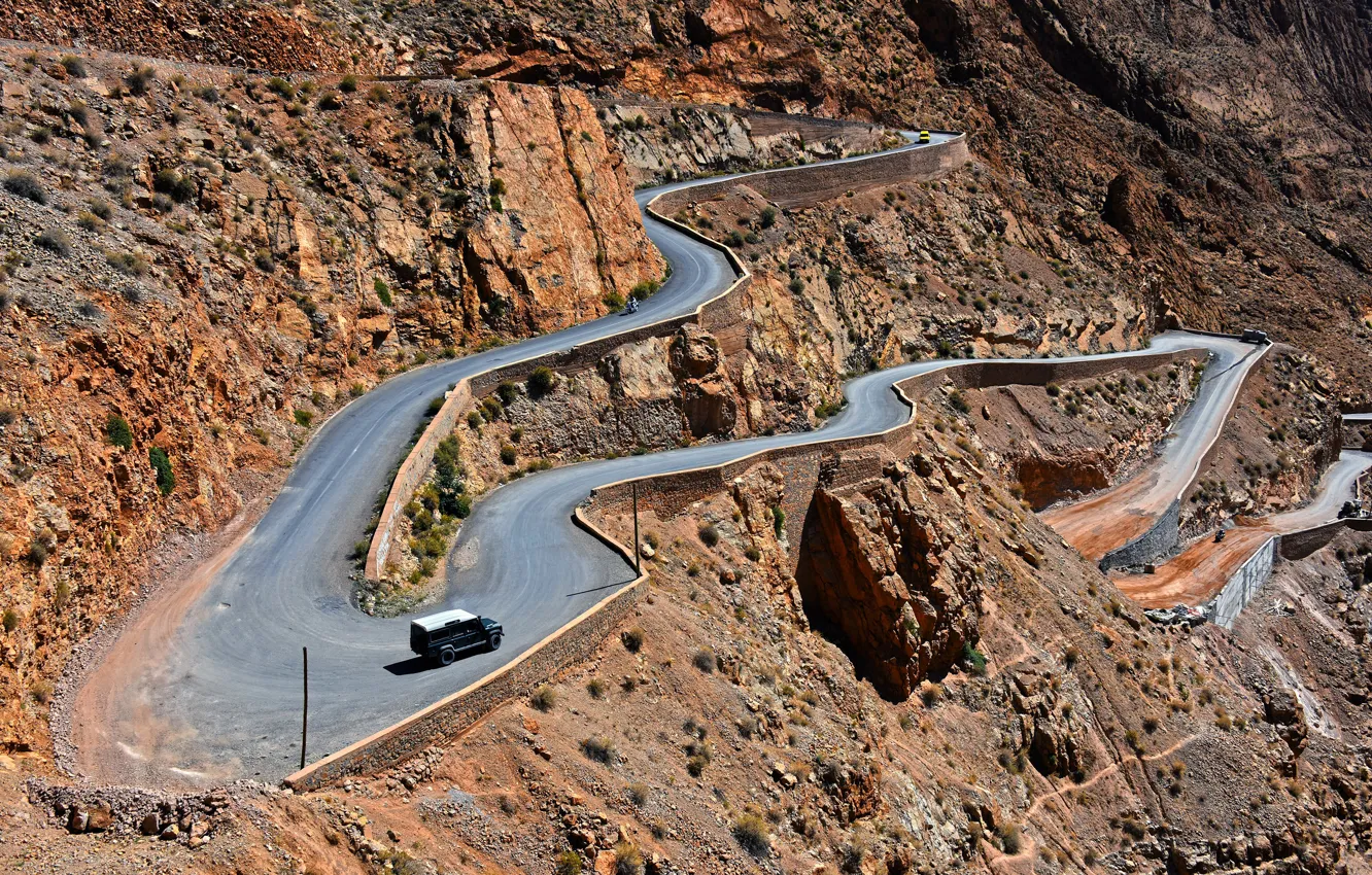 Photo wallpaper road, mountains, stones, rocks, serpentine, Morocco, Dades